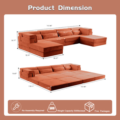 Kompressions-Mahjong-Sofa, Umwandelbares Boden-Sofabett, DIY Knochenloses Modulares Sektionalsofa, Keine Montage erforderlich, Kreisförmiger Fleece-Stoff, Überdimensioniertes 4-Sitzer-Sofa mit 2 Hocker, Orange