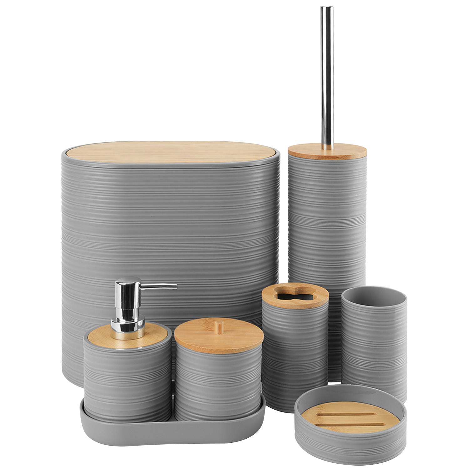 5 Farboptionen -- Set aus 8 Teilen Badezimmerezubehör-Set Badezimmerhalter-Set mit Seifenspender Zahnbürstenhalter Becher Seifenschale Toilettenreinigungsbürste Mülleimer Wattestäbchenhalter Schminktischtablett für Zuhause