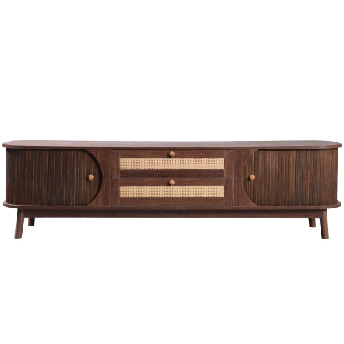 Rattan-Fernsehtisch für Fernseher bis 75 Zoll, modernes Bauernhaus-Medienkonsole, Unterhaltungszentrum mit massiven Holzbeinen, TV-Schrank für das Wohnzimmer, Heimkino