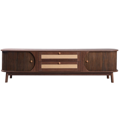 Rattan-Fernsehtisch für Fernseher bis 75 Zoll, modernes Bauernhaus-Medienkonsole, Unterhaltungszentrum mit massiven Holzbeinen, TV-Schrank für das Wohnzimmer, Heimkino