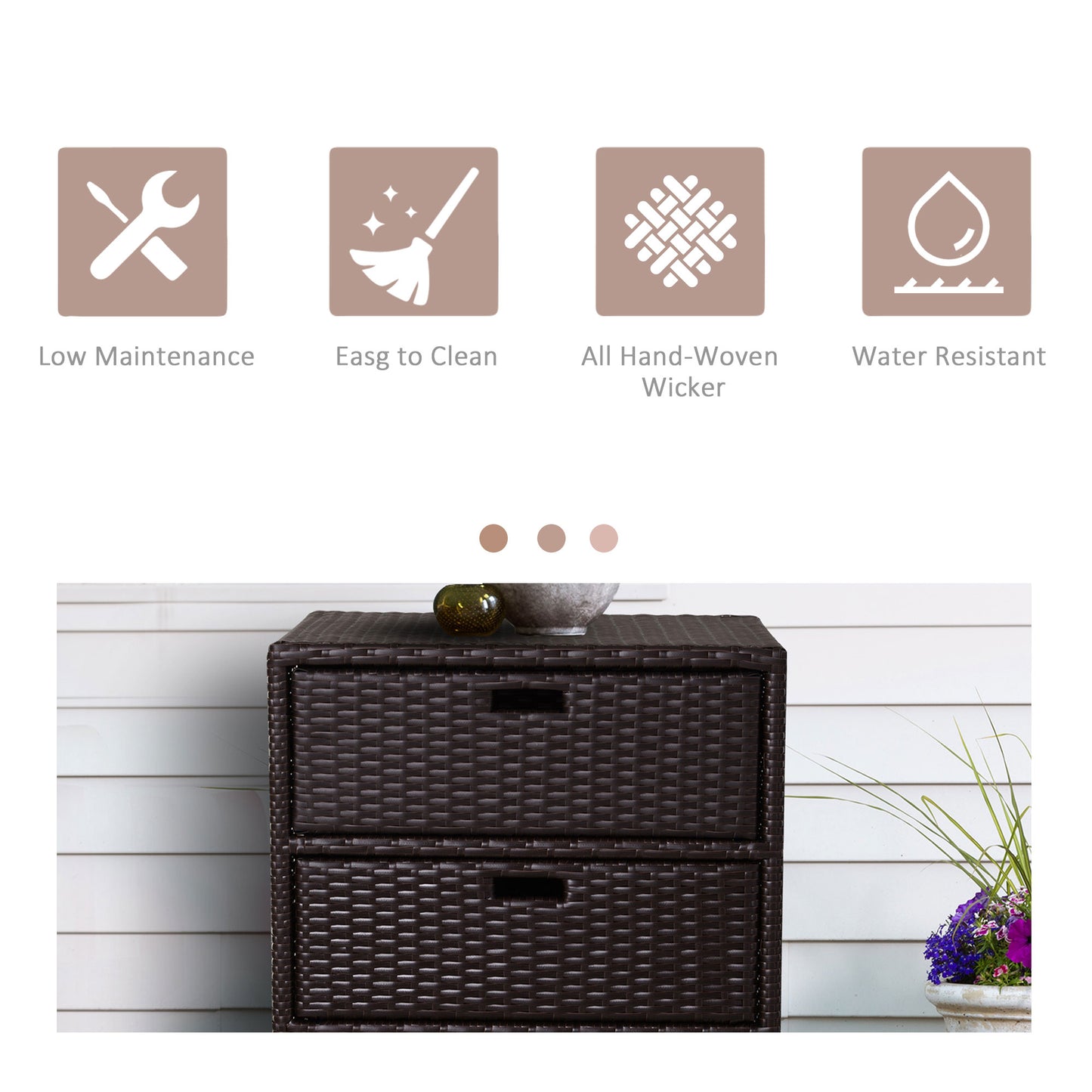 32 Poolside-Rattan-Geflecht-Terrassen-Organizer-Speicherschrank mit 3 großen Schubladen Wetterbeständige Materialien