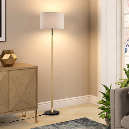 Stehlampe für das Wohnzimmer mit beigefarbenem Lampenschirm, hohe industrielle Stehlampe zum Lesen für das Schlafzimmer, Büro – Glühbirne nicht enthalten – Mattschwarz Mattgold
