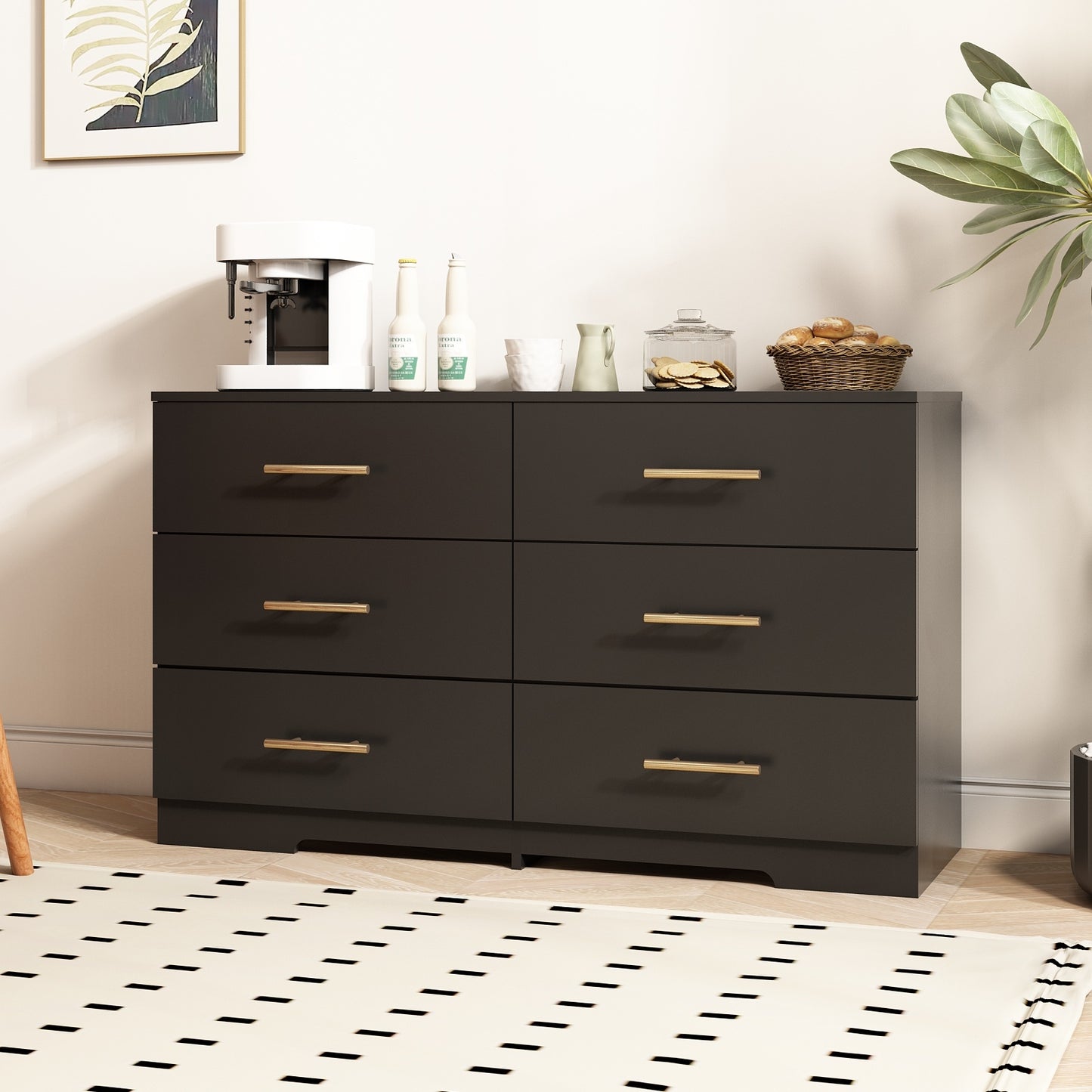 Schwarze große Kommode mit 6 Schubladen und goldenem Griff