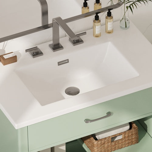 31-Zoll-Badwaschtisch mit gehärtetem Glas, moderner Badezimmerschrank mit Beinen aus Gummibaumholz und Schiebetüren mit Weichschließfunktion, Grün