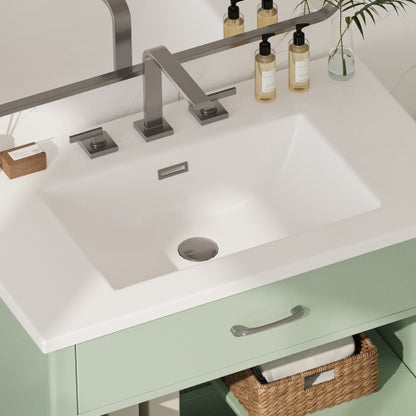 31-Zoll-Badwaschtisch mit gehärtetem Glas, moderner Badezimmerschrank mit Beinen aus Gummibaumholz und Schiebetüren mit Weichschließfunktion, Grün