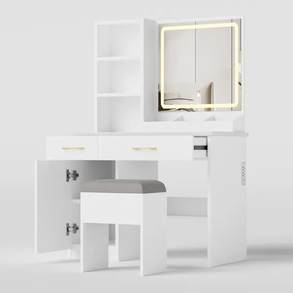 Make-up-Tisch mit Spiegel und Lichtern, weißer Schminktisch mit Stromanschluss und 3 Beleuchtungsmodi, Ankleidetisch-Set mit Schrank, Schubladen, Regalen und Stauraum-Hocker für das Schlafzimmer