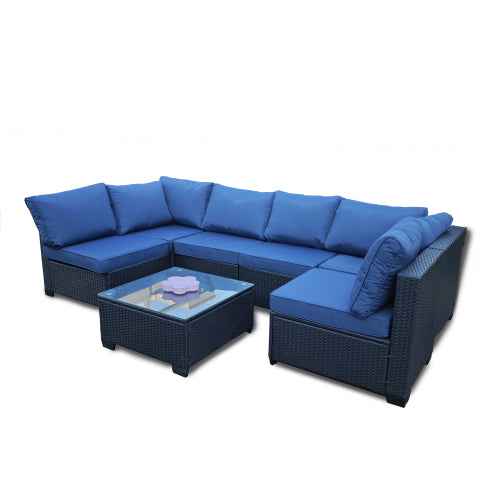 Siebenteiliges Sofaset mit Tisch und Sessel, Schwarz, PE-Rattan, Außenmöbel 7-JH001, Karton 3-1-2-3 mit blauen Sitzkissen