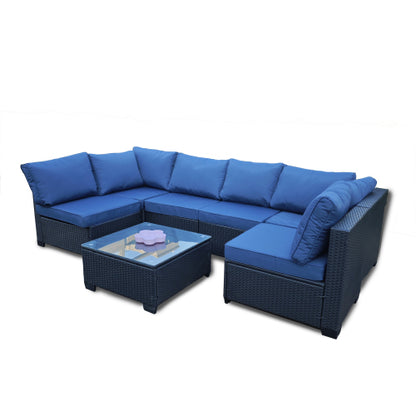 Siebenteiliges Sofaset mit Tisch und Sessel, Schwarz, PE-Rattan, Außenmöbel 7-JH001, Karton 3-1-2-3 mit blauen Sitzkissen