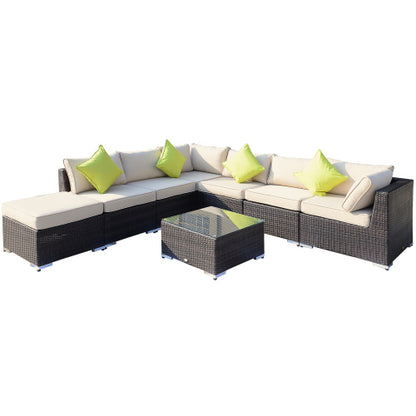 Outsunny 8-teiliges PE-Rattan-Ecksofa-Set mit dicken Polstern, Aluminium-Außentisch-Rattan-Gartenmöbel-Set mit Glasplattentisch, keine Montage erforderlich, gemischtes Braun