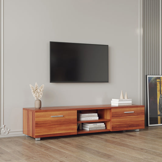 Walnuss-Fernsehtisch für 70-Zoll-Fernseherständer, Medienkonsole Unterhaltungszentrum Fernsehtisch, 2 Stauraumschränke mit offenen Regalen für Wohnzimmer Schlafzimmer