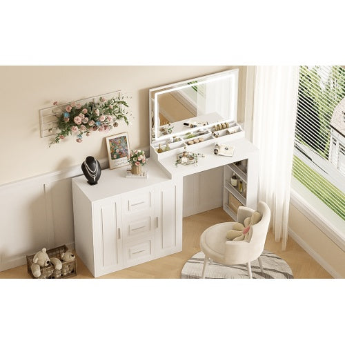 59Makeup-Toilettentisch mit Spiegel, Schminktischspiegel mit Beleuchtung, Ankleidetisch mit 3 Schubladen und 2 Schränken, Toilettentisch mit Stauraumregalen für das Schlafzimmer, Weiß