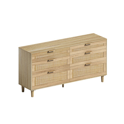59 Rattan-Kommode mit Schubladen, 6-Schubladen-Kommode für das Schlafzimmer, Kleiderschrank für das Schlafzimmer, Metallgriff Holzbeine für Flur, Wohnzimmer, Schlafzimmer, natürlich