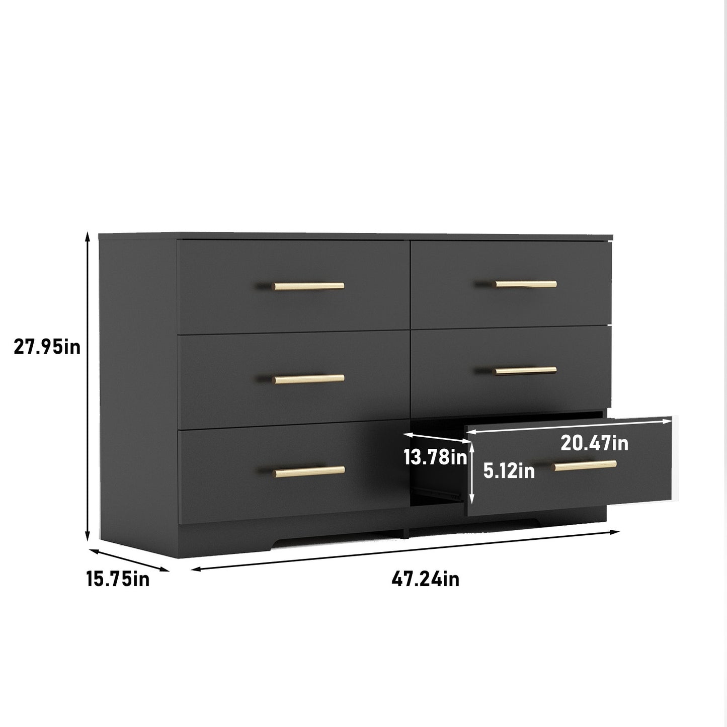 Schwarze große Kommode mit 6 Schubladen und goldenem Griff