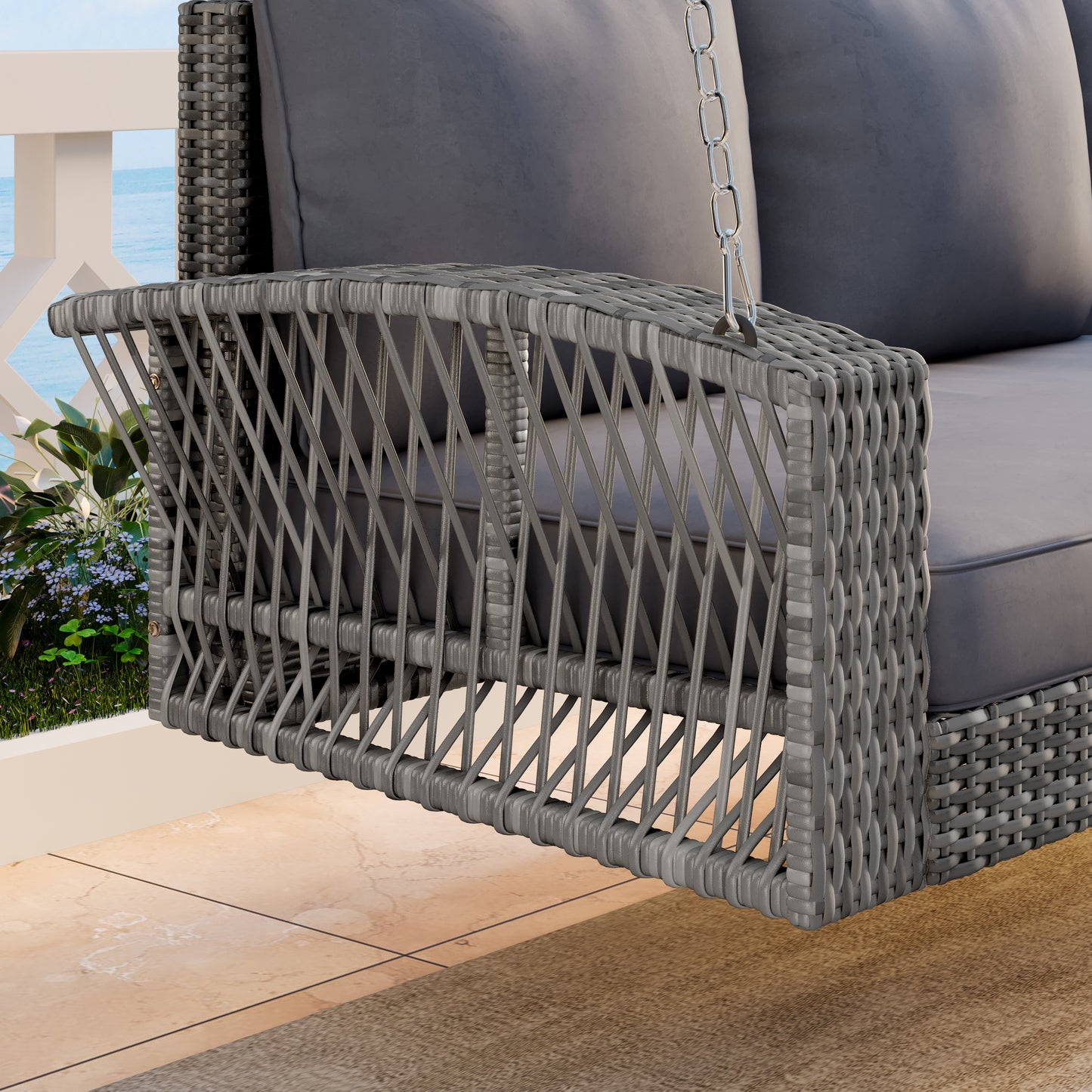 GO 69 PE Wicker 3-Person Porch Swing With Chains, Large Patio Swing Bench With Cushions For Backyard, Garden, And Poolside, Gray69