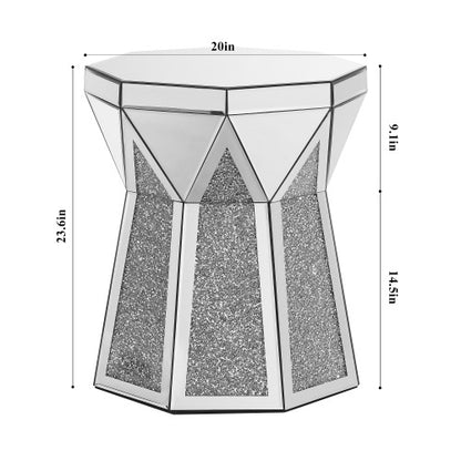 Trommelstil Couchtisch mit Spiegelkristall-Einlage, Polygonal Silber Dekortisch, Modernes Design Luxus Moderne Möbel, 20 Zoll Etwa 50 Zentimeter Niedriger Couchtisch, Geeignet für Wohnzimmer
