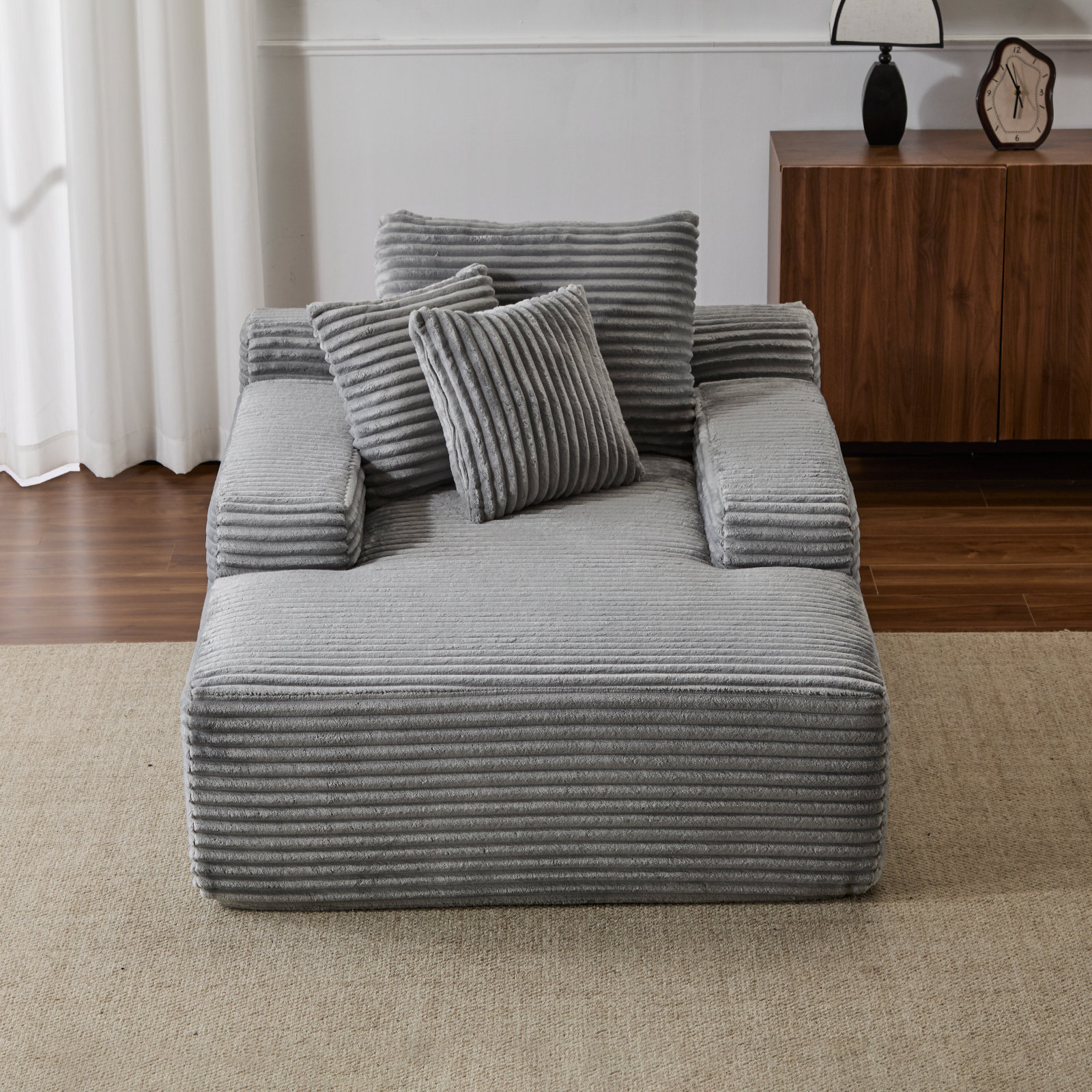 Überdimensionierter Chaiselongue-Sessel Gemütliche Wolken-Couch, Moderner Plüsch-Corduroy-Polsterter Schlafcouch-Tagbett mit 3 Dekokissen und breiter Armlehne für das Wohnzimmer, Keine Montage erforderlich, Grau