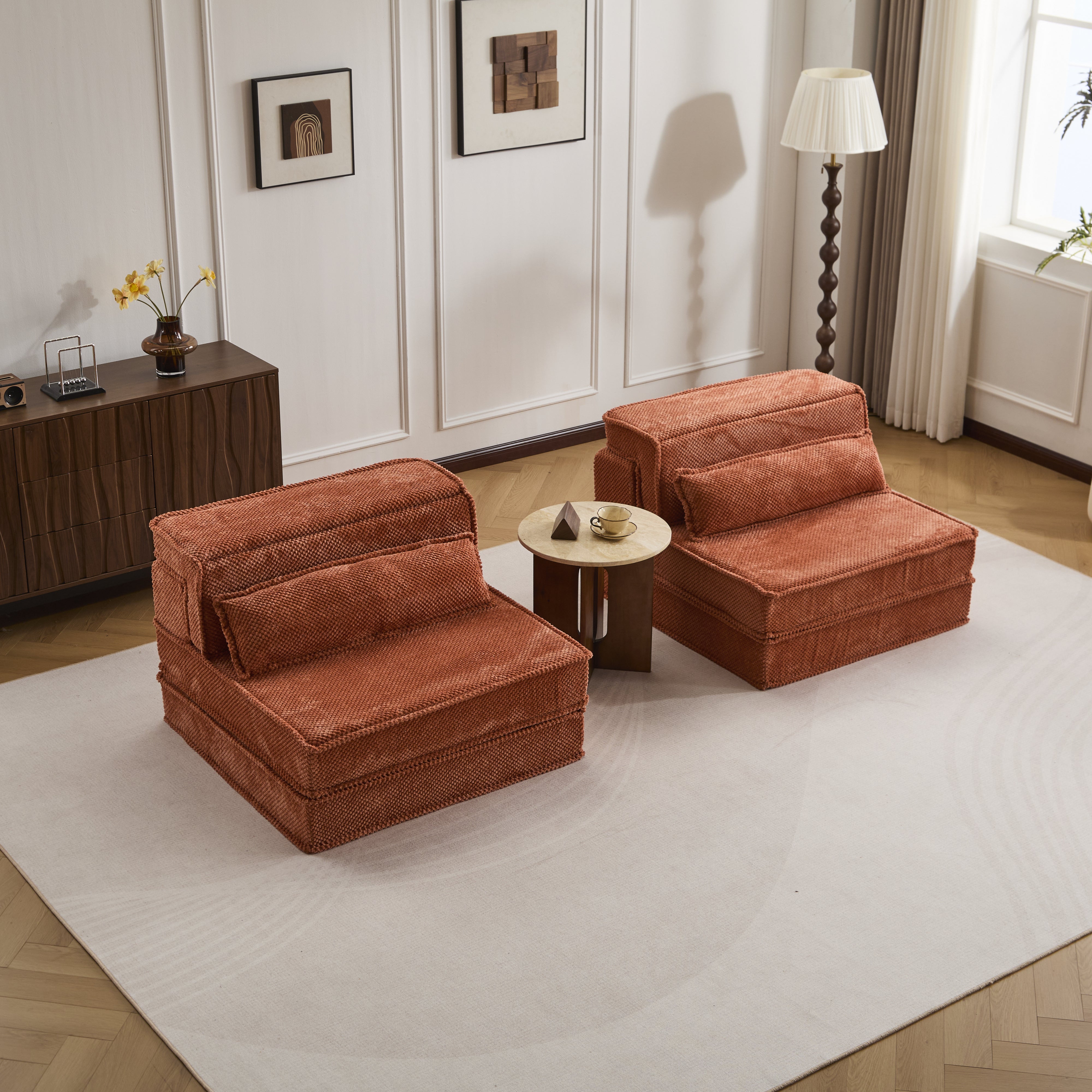 Kompressions-Mahjong-Sofa, umklappbares Boden-Sofabett, DIY knochenloses modulares Sektionssofa, keine Montage erforderlich, Kreisförmiger Fleece-Stoff, überdimensioniertes 2-Sitzer-Sofa mit 2 Kissen, Orange
