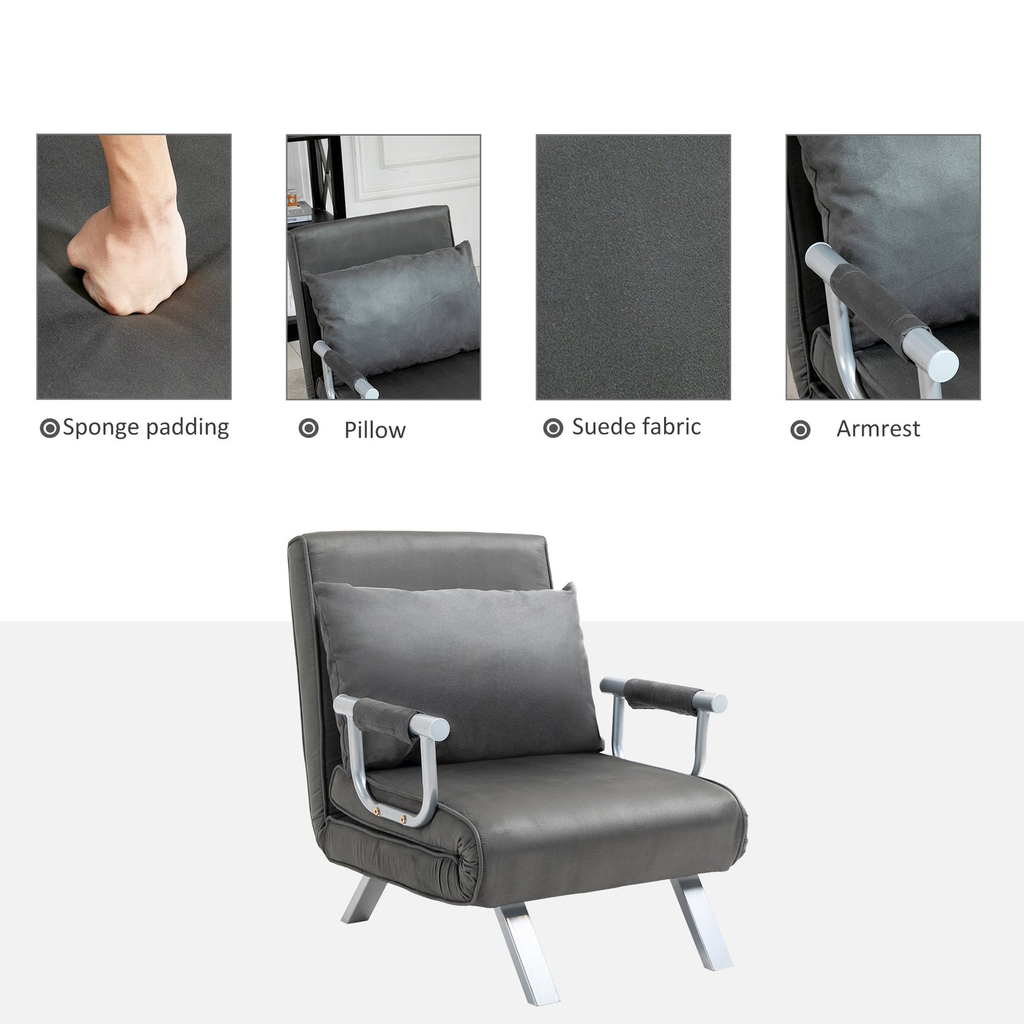Convertible Sofa Bed 5 Position Folding Sleeper Chair Pillow Steel Frame Dark Grey