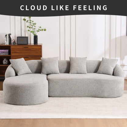 LY-022 Graue Kompressionssofa, Kombination aus Chaise Longue und 3-Sitzer, Holzmaserung-Chenille-Stoff, Voll-Schwamm-Kompressionssofa, kombinierte Sofa mit 4 Kissen für Wohnzimmer-Möbel in der Wohnung