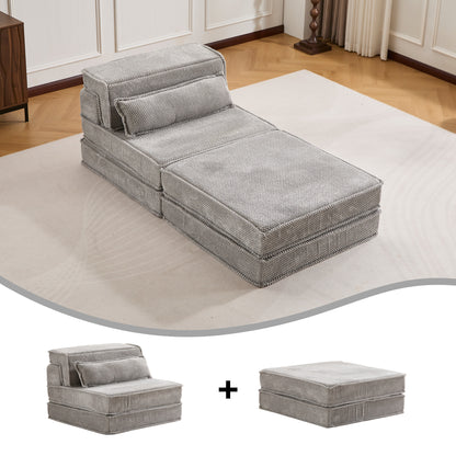 Kompressions-Mahjong-Sofa, Umwandelbares Boden-Sofabett, DIY Knochenloses Modulares Sektionssofa, Keine Montage erforderlich, Kreisförmiger Fleece-Stoff, Überdimensionierter Einzelplatz mit 1 Kissen und 1 Hocker, Hellgrau