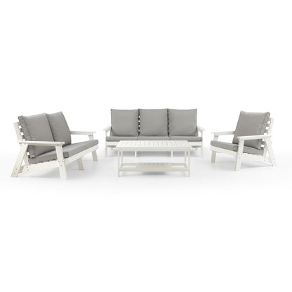 HIPS 3-Sitzer-Sofa mit Kissen, Holzoptik-Außen-Garten-Sofa, Weiß-Grau