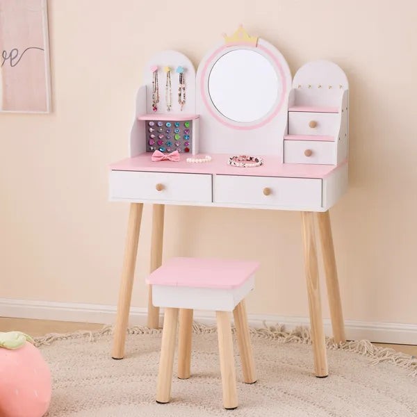 Weißes und rosa Kronen-Element, MDF + Spanplatte + Massivholzfüße, lackiert und melaminlaminiert, 4-Schubladen-Kinder-Ankleidetisch-Set