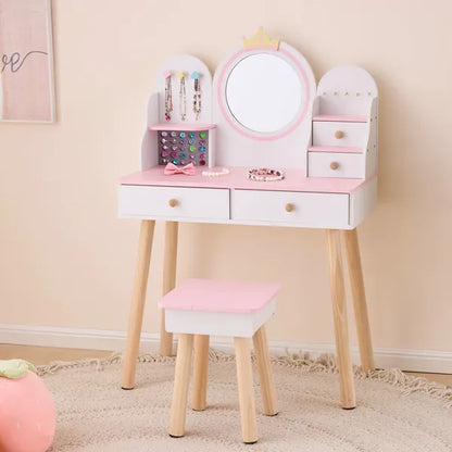 Weißes und rosa Kronen-Element, MDF + Spanplatte + Massivholzfüße, lackiert und melaminlaminiert, 4-Schubladen-Kinder-Ankleidetisch-Set