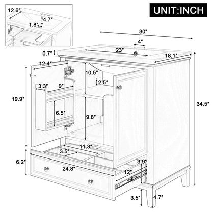 30-Zoll-Badwaschtisch mit Waschbecken-Kombination, Multifunktionaler Badezimmerschrank mit Türen und Schublade, Solider Rahmen und MDF-Platte, Weiß