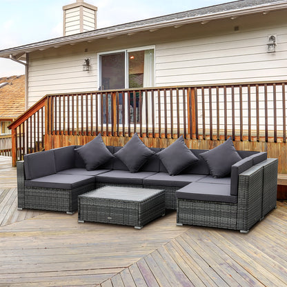 7-teiliges Patio-Möbel-Set PE-Rattan-Sofagarnitur Outdoor-Gesprächsset mit Akazien-Oberfläche Kaffeetisch & Sitzkissen für Garten, Hinterhof, Grau