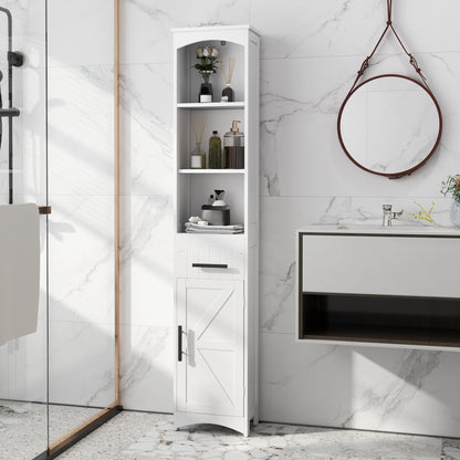 Bauernhaus-Hohes-Schmales Badezimmer-Speicherschrank mit eingelassenem Schubfach