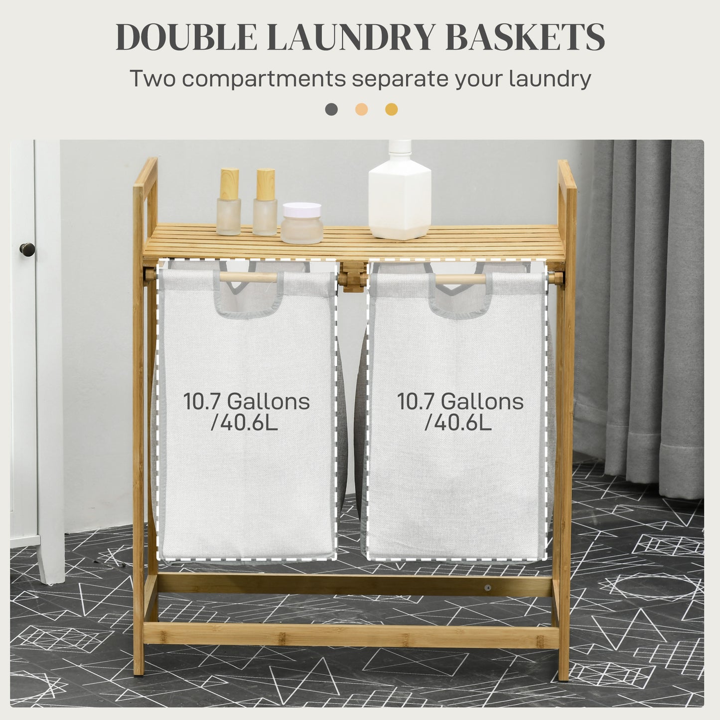 Bambus-Wäschekorb, Doppeltes Wäschegestell mit Regal, 2 herausziehbare und herausnehmbare Taschen, natürliches Holz und Dunkelgrau