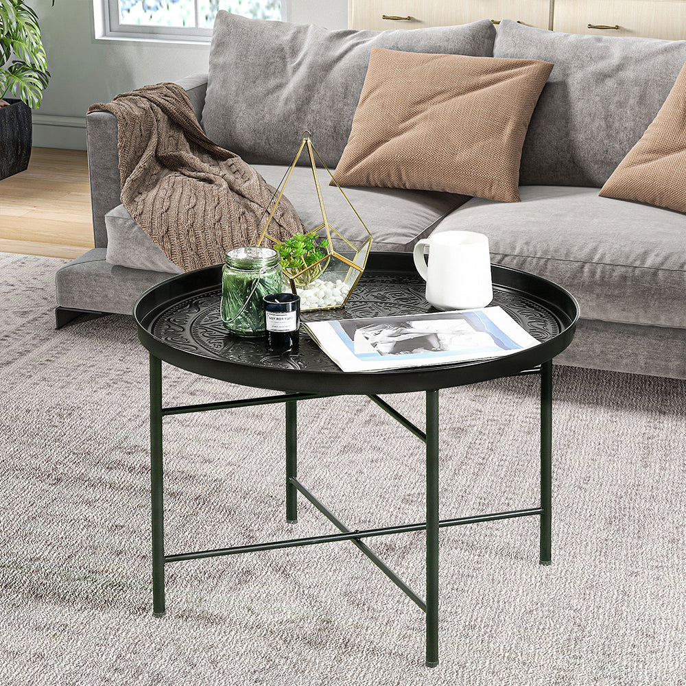 Couchtisch für das Wohnzimmer, 24-Zoll runder Mittelstisch mit gehämmertem Tablett-Oberteil und Metallrahmen für das Schlafzimmer, schwarz