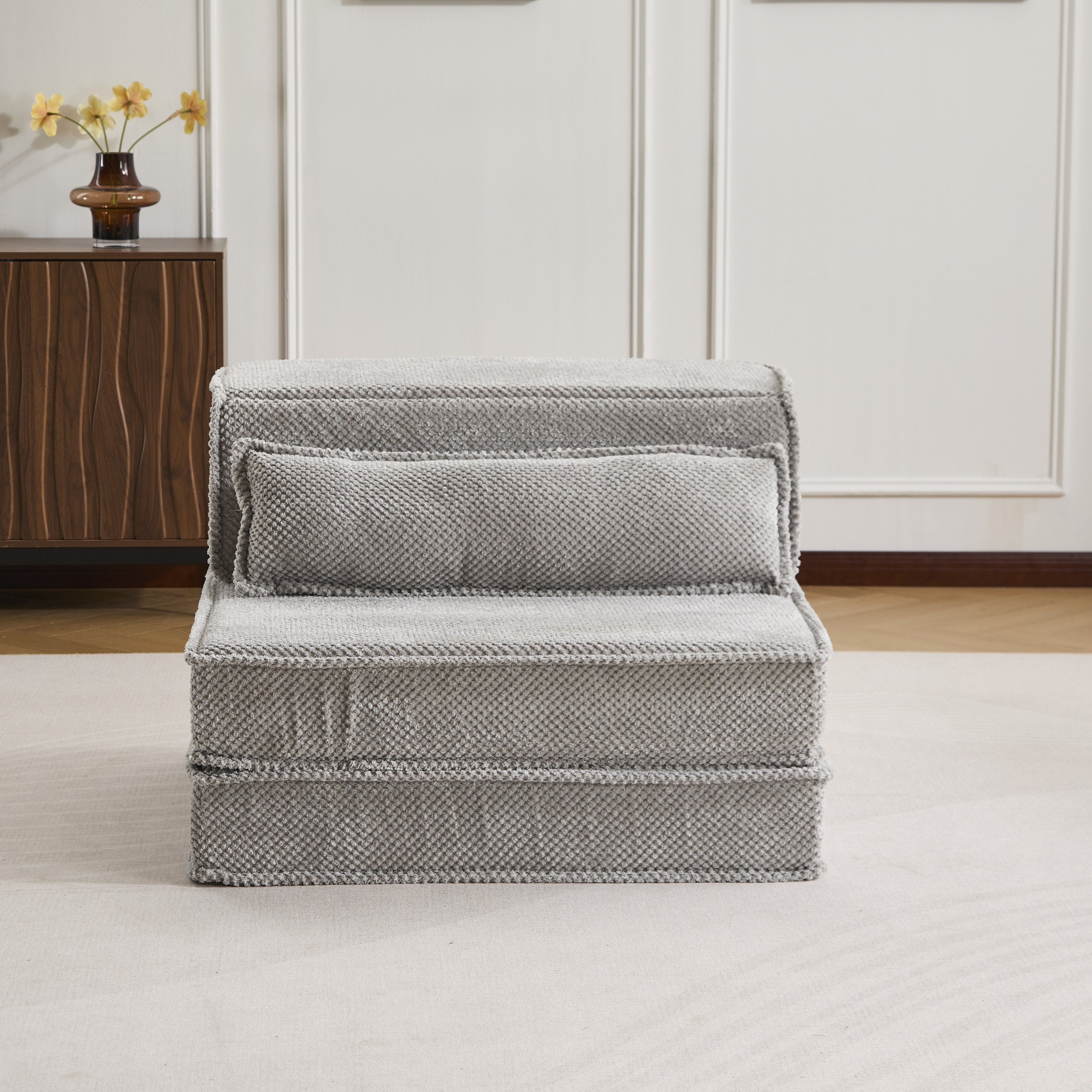 Kompressions-Mahjong-Sofa, Umwandelbares Boden-Sofabett, DIY Knochenloses Modulares Sektionalsofa, Keine Montage erforderlich, Kreisförmiger Fleece-Stoff, Überdimensioniertes Einzelsofa mit 1 Kissen, Hellgrau