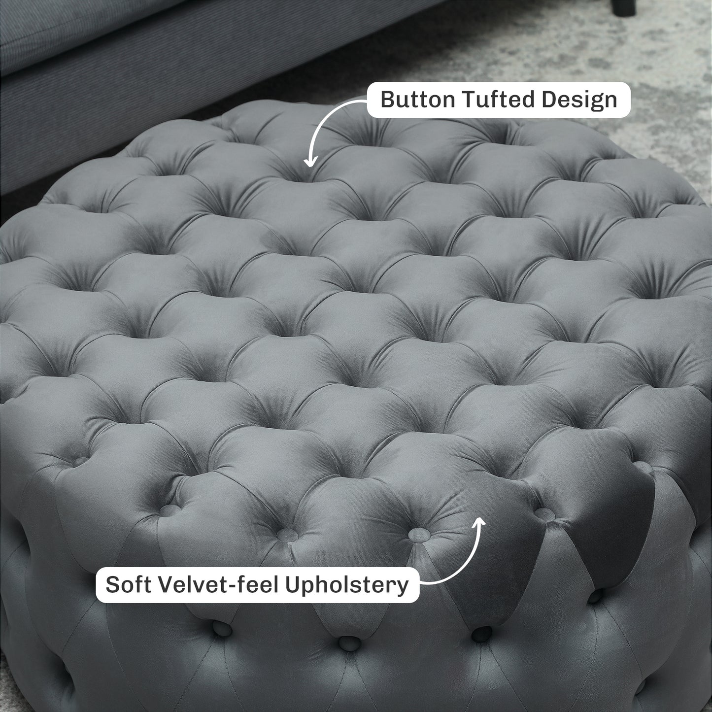 Runder Osmanischer Couchtisch mit Samtgefühl-Polsterung, Knopfgepolstertem Design und gepolstertem Sitz, Dunkelgrau