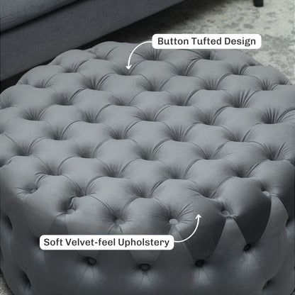 Runder Osmanischer Couchtisch mit Samtgefühl-Polsterung, Knopfgepolstertem Design und gepolstertem Sitz, Dunkelgrau