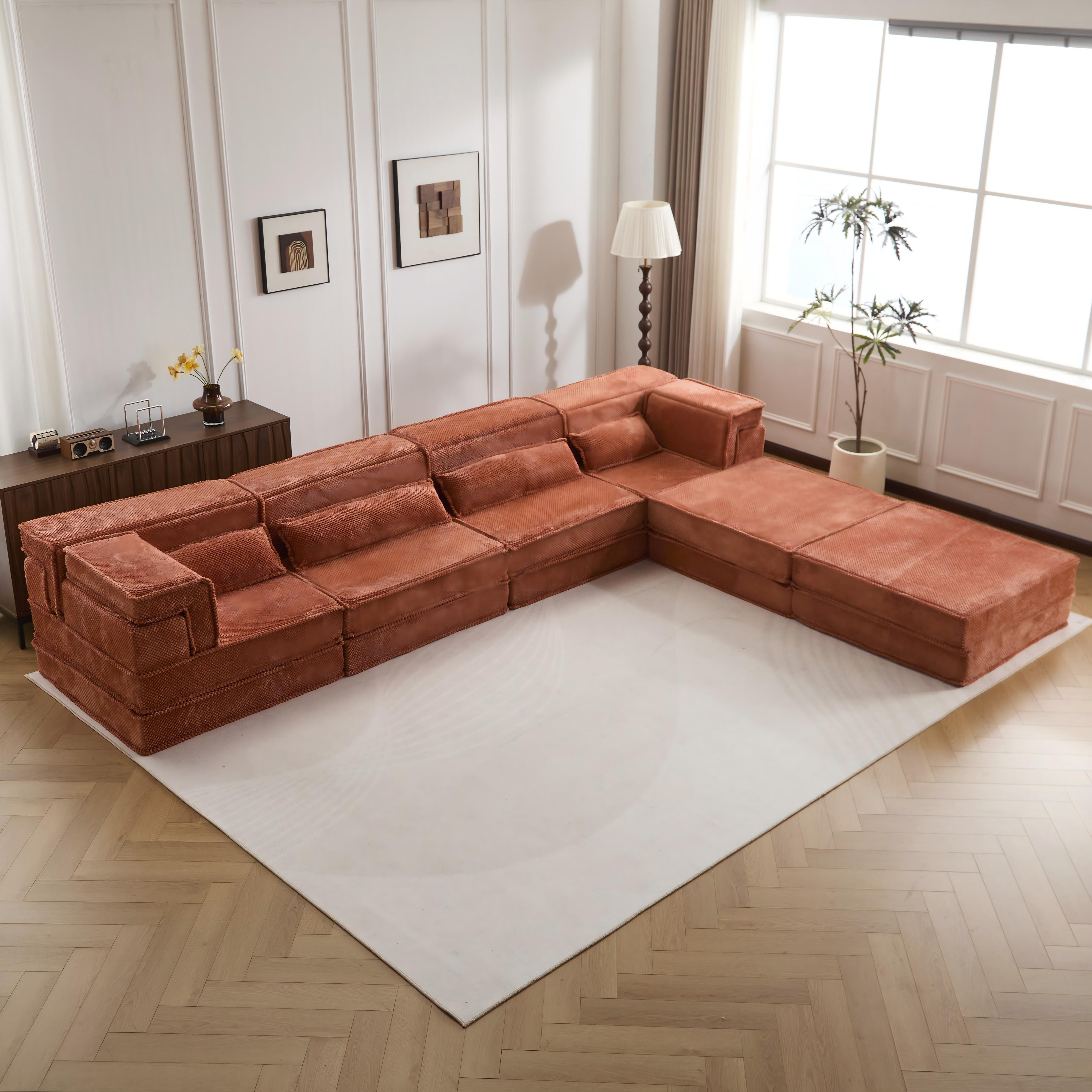 Kompressions-Mahjong-Sofa, Umwandelbares Boden-Sofabett, DIY Knochenloses Modulares Sektionalsofa, Keine Montage erforderlich, Kreisförmiger Fleece-Stoff, Überdimensioniertes 4-Sitzer-Sofa mit 2 Hocker, Orange