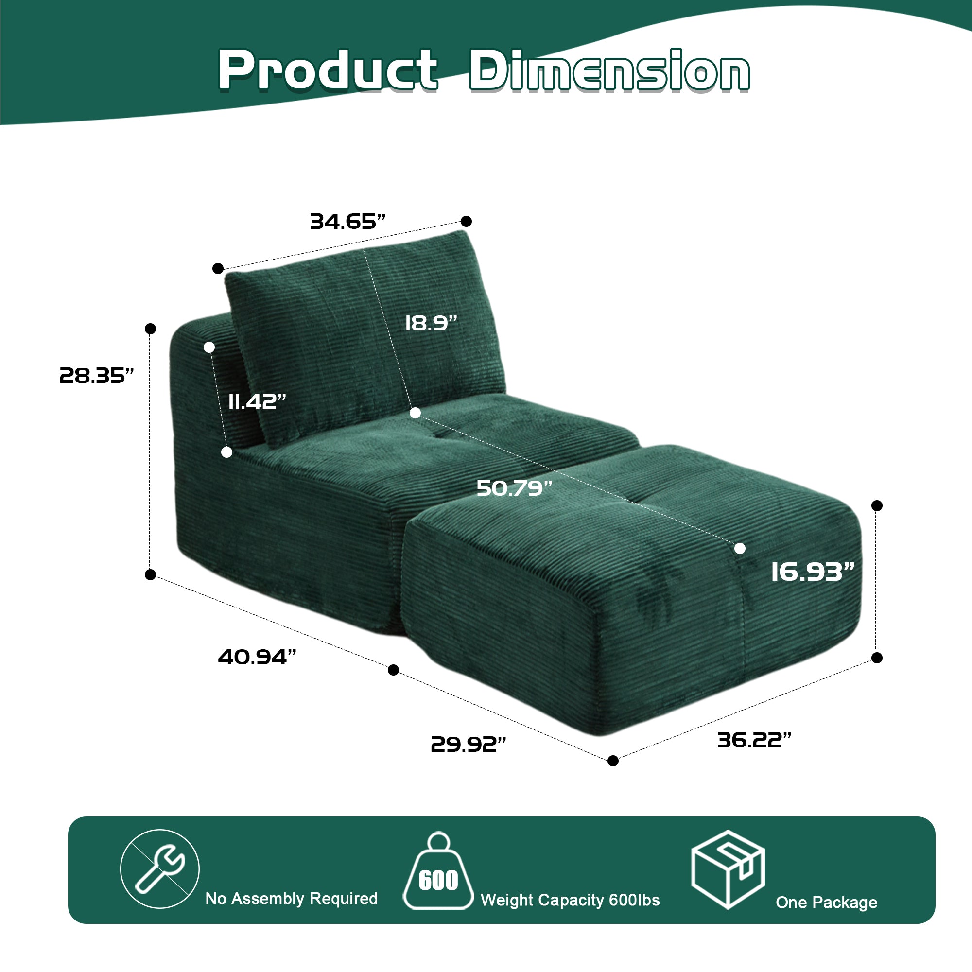 Moderne Kompressions-Schaumstoff-Sofa, Einzelne Chaiselongue für das Wohnzimmer, Haustierfreundliches Wolkenmodulares Sektionalsofa, Kordstoffbezug, Verschiebbare Pouf, Keine Montage erforderlich, Grün