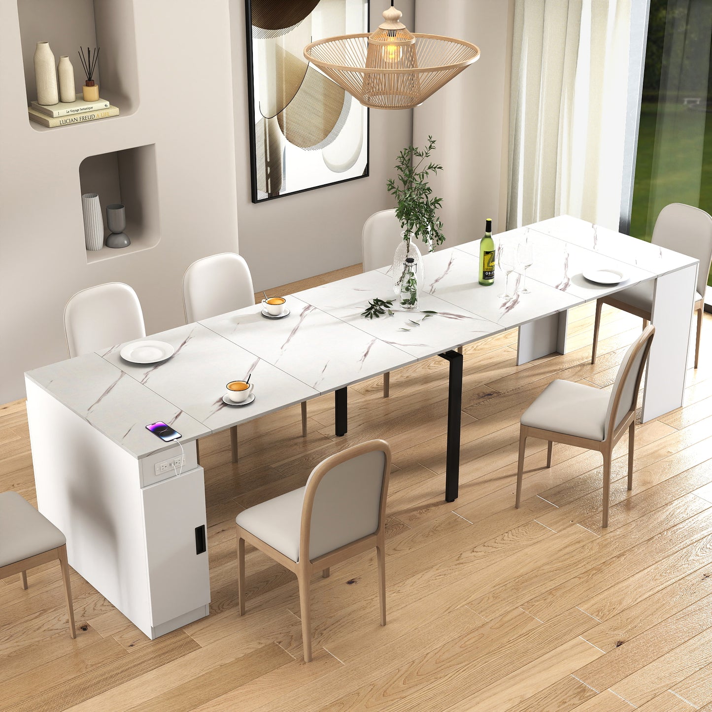 Moderne multifunktionale ausziehbare Esstisch mit Steckdose, platzsparender ausklappbarer Tisch mit Stauraum für Partys, Hochzeiten, Meetings und Feiern