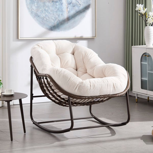 Outdoor-Rattan-Schaukelstuhl, Gepolsterter Kissen-Schaukelstuhl für Terrasse, Wohnzimmer, Patio, Garten, Weiß - Verkauf auf der Temu-Plattform verboten