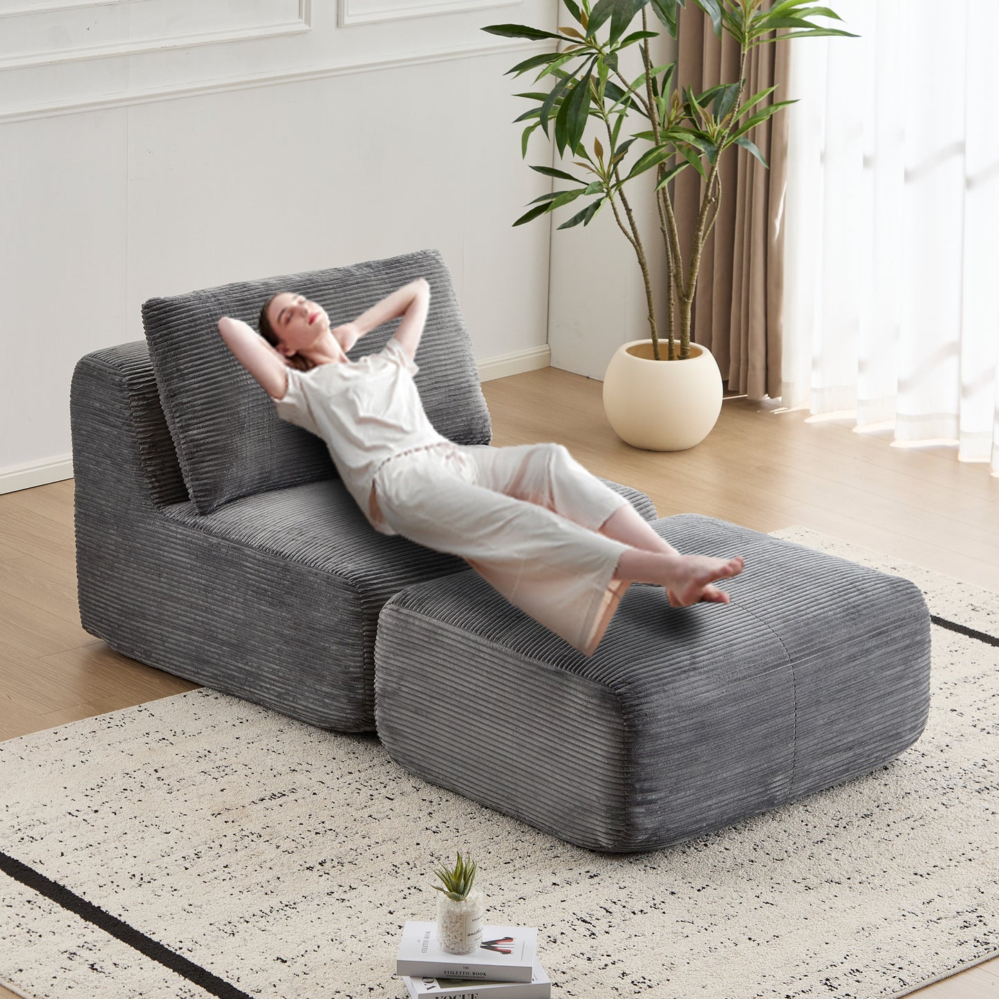 Modern Memory Foam Compressed Sofa,Single Chaise Longue For Living Room,Pet-Friendly Cloud Modular Sectional Sofa,Corduroy Fabric,Movable Ottoman,No Assembly Required,Grey