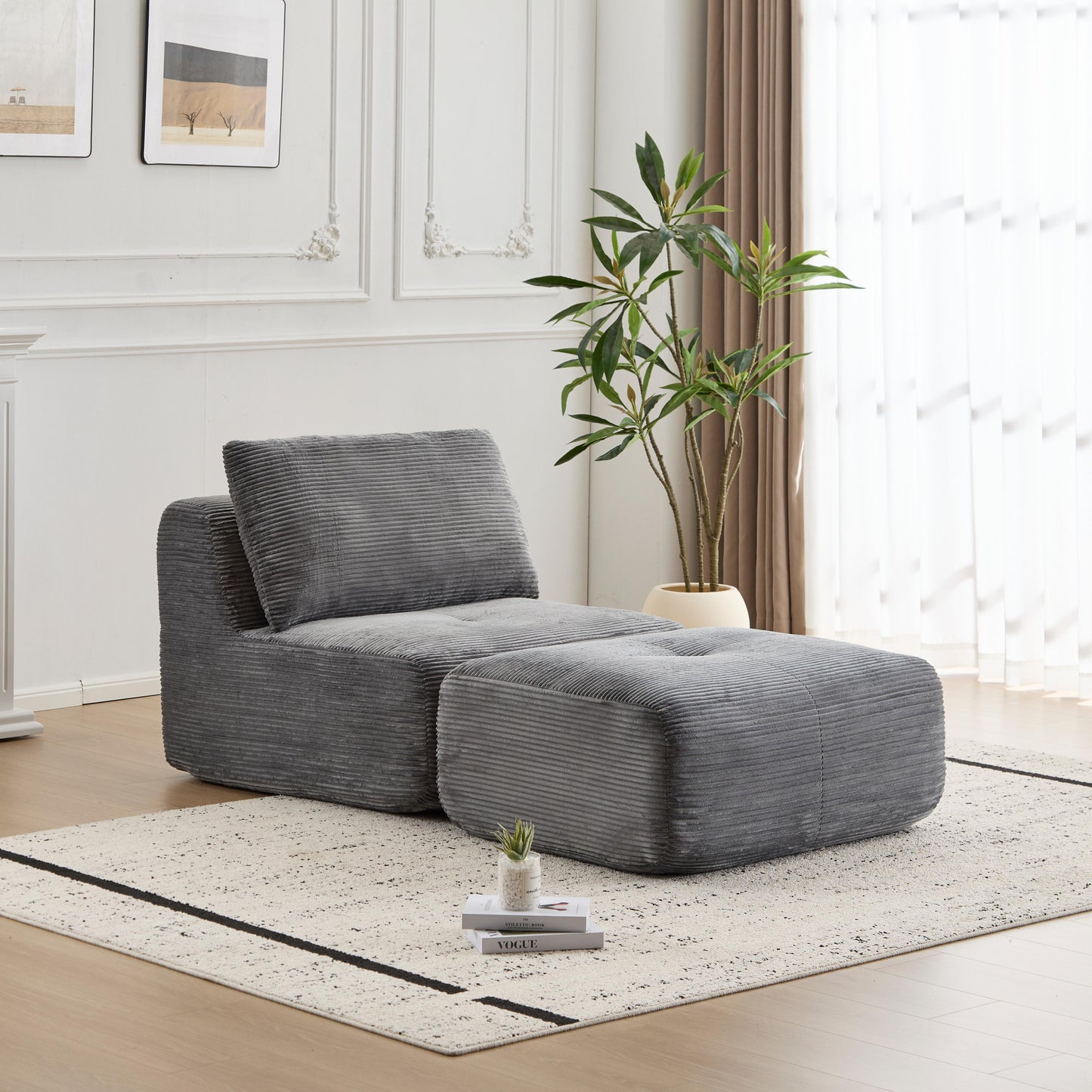 Modern Memory Foam Compressed Sofa,Single Chaise Longue For Living Room,Pet-Friendly Cloud Modular Sectional Sofa,Corduroy Fabric,Movable Ottoman,No Assembly Required,Grey