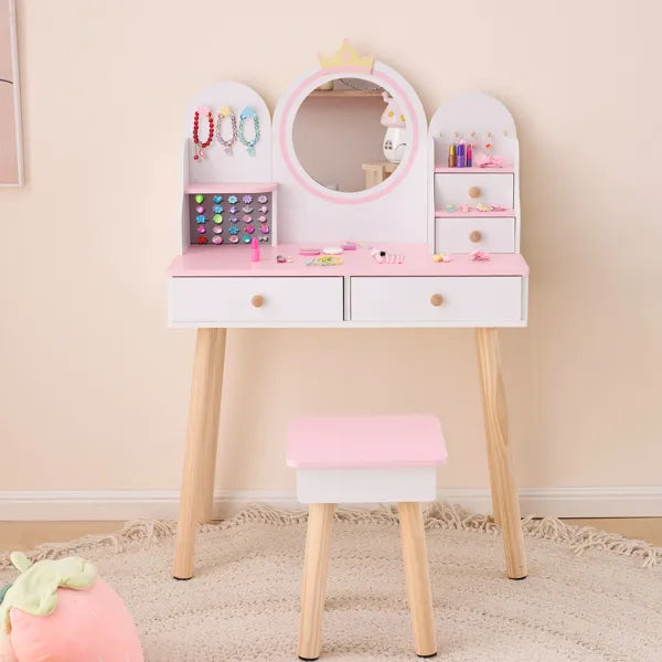 Weißes und rosa Kronen-Element, MDF + Spanplatte + Massivholzfüße, lackiert und melaminlaminiert, 4-Schubladen-Kinder-Ankleidetisch-Set