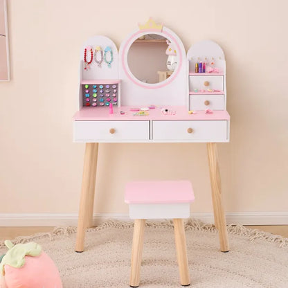 Weißes und rosa Kronen-Element, MDF + Spanplatte + Massivholzfüße, lackiert und melaminlaminiert, 4-Schubladen-Kinder-Ankleidetisch-Set