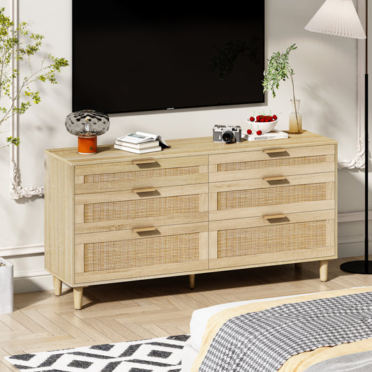 59 Rattan-Kommode mit Schubladen, 6-Schubladen-Kommode für das Schlafzimmer, Kleiderschrank für das Schlafzimmer, Metallgriff Holzbeine für Flur, Wohnzimmer, Schlafzimmer, natürlich