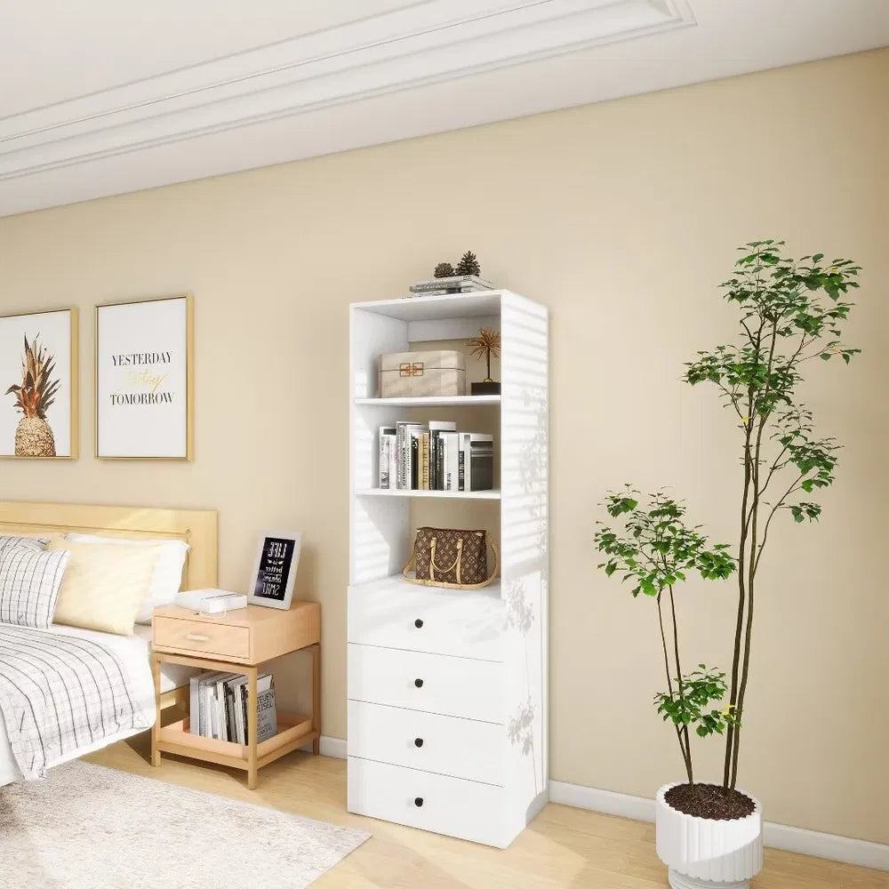 70,2" H Livelylodge Holzmodulares Kleiderschranksystem: Modernes offenes Kleiderschranksystem mit 4 Schubladen für Schlafzimmer & Garderobe in Weiß