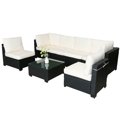 Beliebtes Siebenteiliges Sofasofa-Set mit Tisch, Sofa-Sessel, Schwarzes PE-Rattan, Outdoor, Neues Design Möbel 7-JH002 Kiste 3-1-2-3 mit Weißem Farbigen Kissen