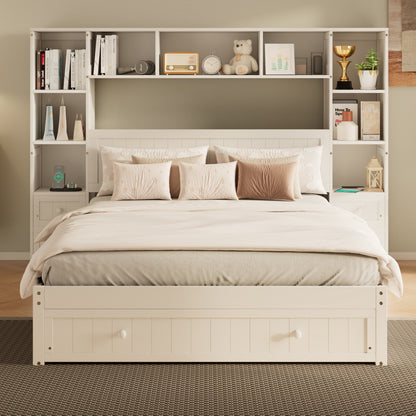 Königliche Größe Kiefernholz-Platform-Bett mit All-in-One 2 Nachttischen, Stauraum-Regal und Schrank-Bücherregal mit 2 Ladeeinrichtungen, Multifunktionales Kapitäns-Bettgestell mit 3 Schubladen, Kein Boxspring-Fundament erforderlich