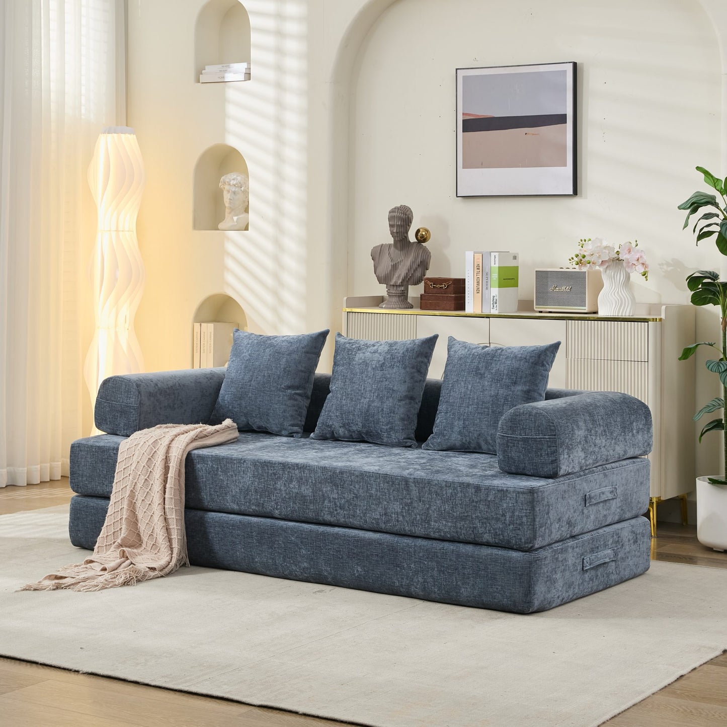 Komfortable umklappbare Matratzen-Couch, Boden-Sofabett, Chenille-Boden-Sofa mit Armlehne, Boden-Sofa-Lounge-Couch für Wohnzimmer, Schlafzimmer, Lounge und Studio – Blau