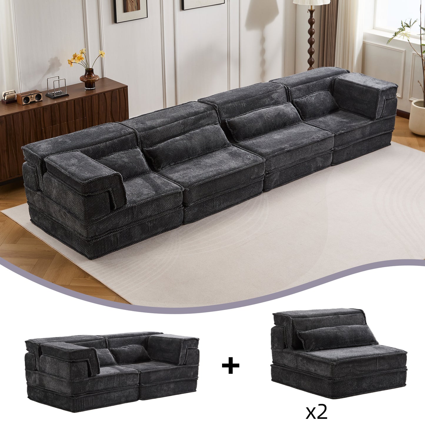 Kompressions-Mahjong-Sofa, Umwandelbares Boden-Sofabett, DIY Knochenloses Modulares Sektionssofa, Keine Montage Erforderlich, Kreisförmiger Fleece-Stoff, Überdimensioniertes 4-Sitzer-Sofa mit 4 Kissen, Dunkelgrau