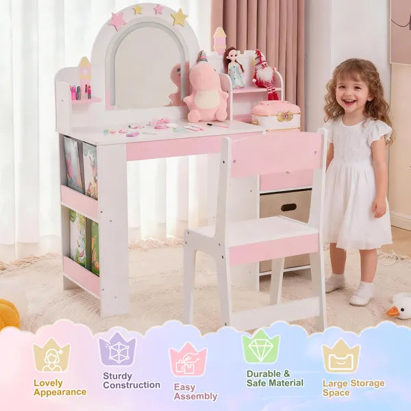 Weiße und rosa Stern- und Burgelemente; MDF und Spanplatte; Sprühfarbe, Siebdruck und Melaminfurnier; 1 Schublade, 2 Stoffschubladen, 2-stufiges Regal; Kinder-Ankleidetisch-Set